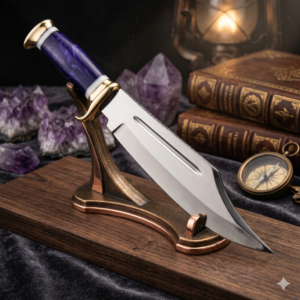 Premium Custom Tracker Bowie Knife – High-Carbon Satin Polished Steel Blade with Fuller – Royal Purple Resin & Bone Handle with Brass Guard