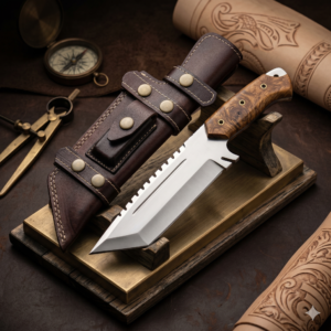 Premium Custom Tactical Tanto Tracker Knife - High-Carbon Steel Sawback Blade with Deep Fuller - Exotic Burl Wood Handle & Multi-Pocket Leather Scabbard Set