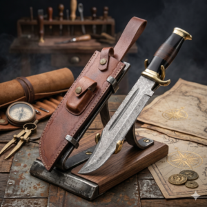 Custom Damascus Steel Sub-Hilt Hunting Dagger – Raindrop Pattern Forged Blade with Double Fullers – Segmented Buffalo Horn & Rosewood Grip – Premium Leather Sheath