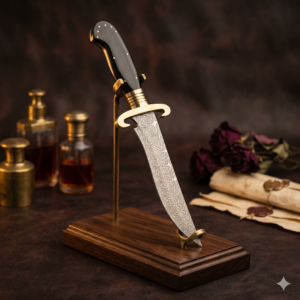 Premium Custom Damascus Steel Ceremonial Dagger – High-Contrast Twist Pattern Needle-Point Blade – Polished Ebony Wood Handle with Down-Swept Brass Guard