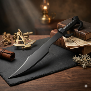 Hand-Forged Tactical Stealth Falcata – Matte Black High-Carbon Steel Short Sword – Ergonomic Ribbed Grip with Hooked Pommel – Premium Collector's Combat Machete & Display Weapon